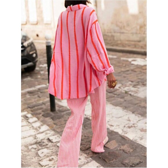 Plus Size Striped Button Down Shirt Long Sleeve Oversized Boho Renaissance - Picture 2 of 5